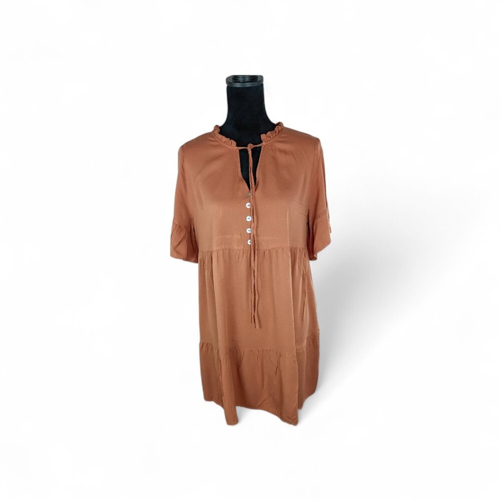 Women's Baby Doll Style Tunic Dress Terracotta Ruffled Boho Viscose Large